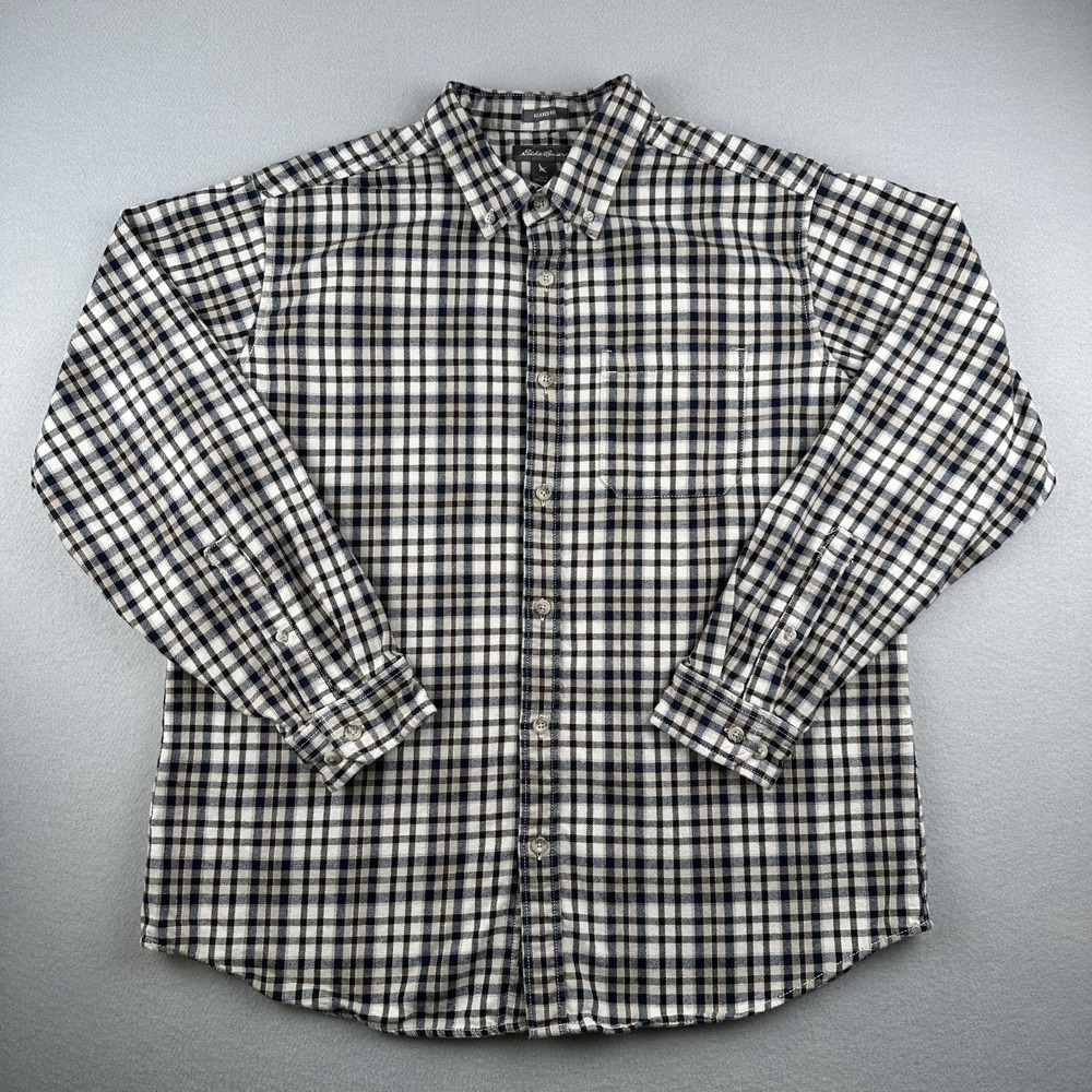 Eddie Bauer Flannel Shirt Mens L Blue Tan Plaid Relaxed Fit Long Sleeve Cotton